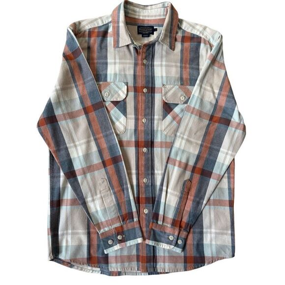 Pendleton Men’s Button Down Plaid Shirt size L Cotton Cream Blue Brown Modern - Picture 1 of 7